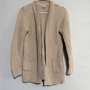 LL Bean Tan Textured Knit Open Front Cardigan Women's M Cabincore Fisherman